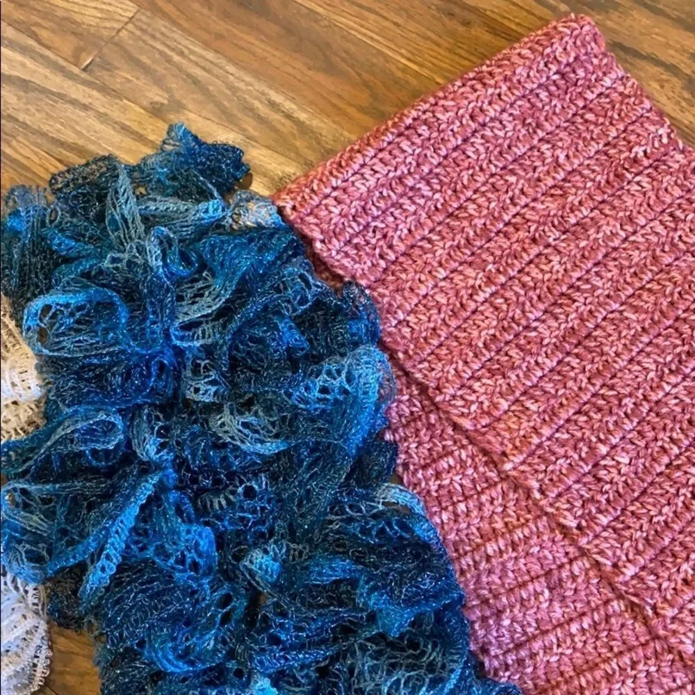 4 Handmade knitted, crocheted, scarfs bundle of 4